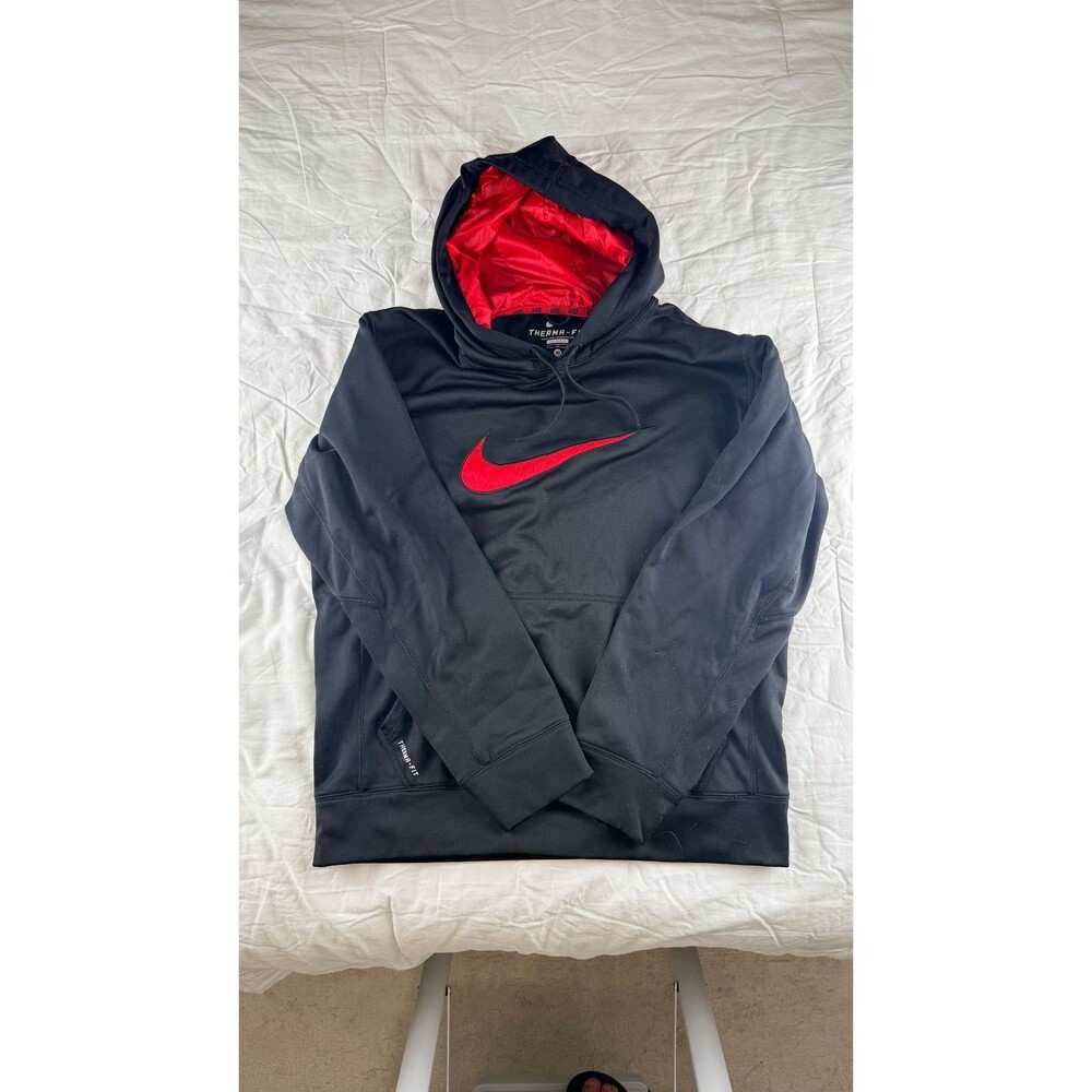 Nike Therma-Fit Hoodie Men's Medium Black Red Big Swoosh Pullover Sweatshirt